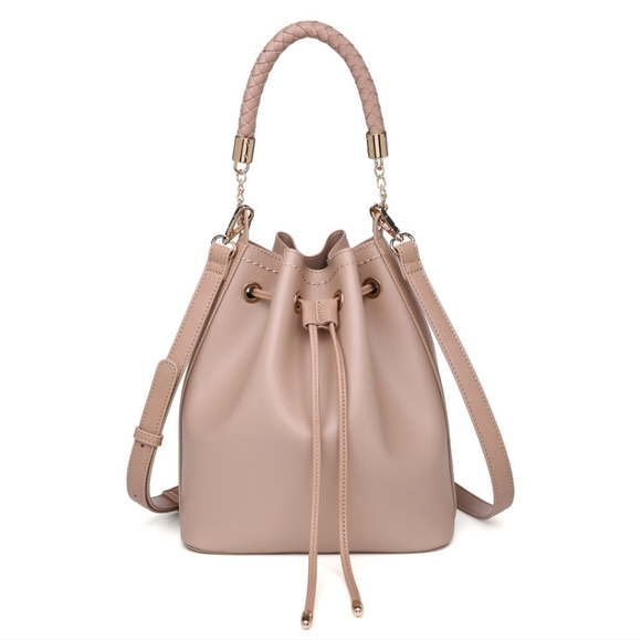 Urban Expressions Handbags - Urban Expressions Vegan Leather Bucket Bag - Woven Handle Neutral